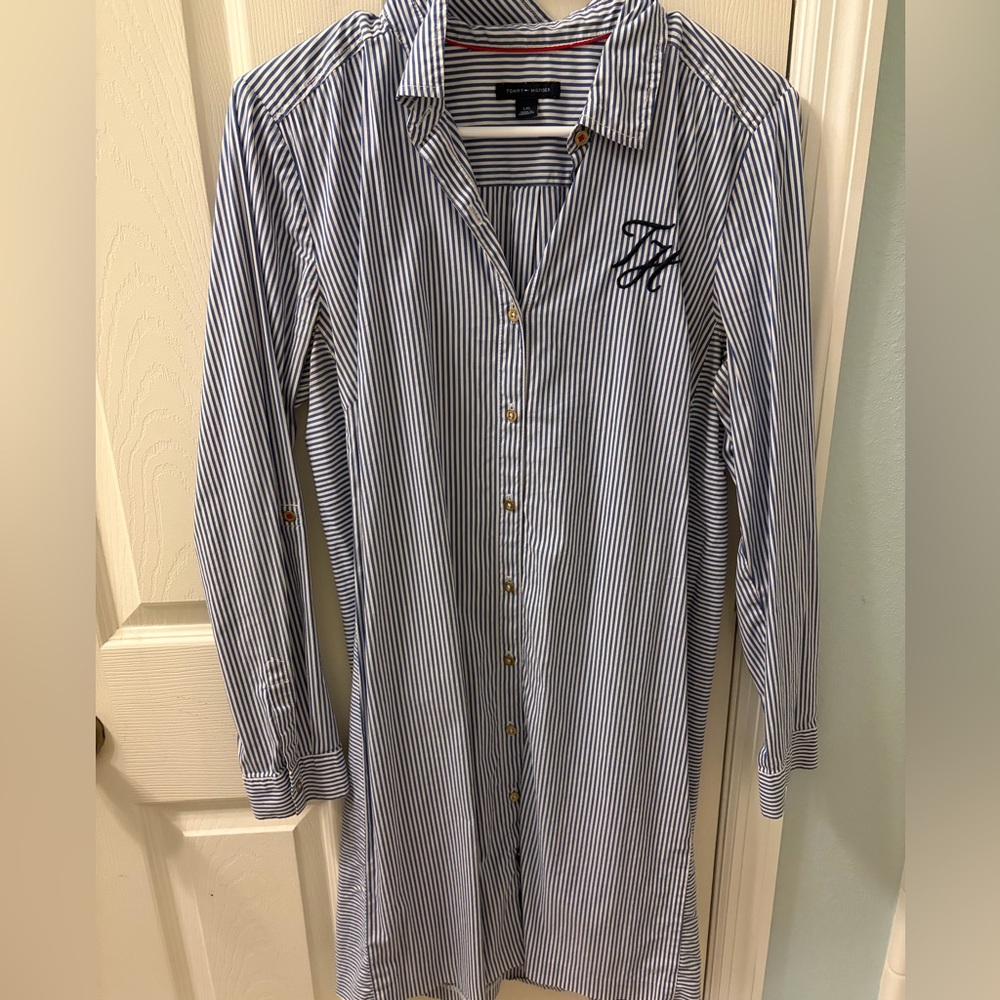 Women’s long sleeve cotton shirt dress navy white stripes Tommy Hilfiger
